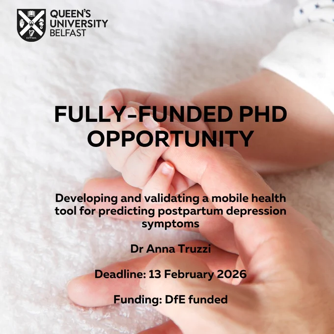Close-up of an adult hand gently holding a newborn's hand, promoting a fully-funded PhD on mobile health tools for postpartum depression at Queen's University Belfast.