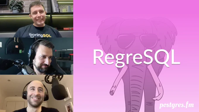 Pictures of Radim, Nik, and Michael mid-recording, the episode title "RegreSQL", against a pink backround with an elephant wearing sunglasses.