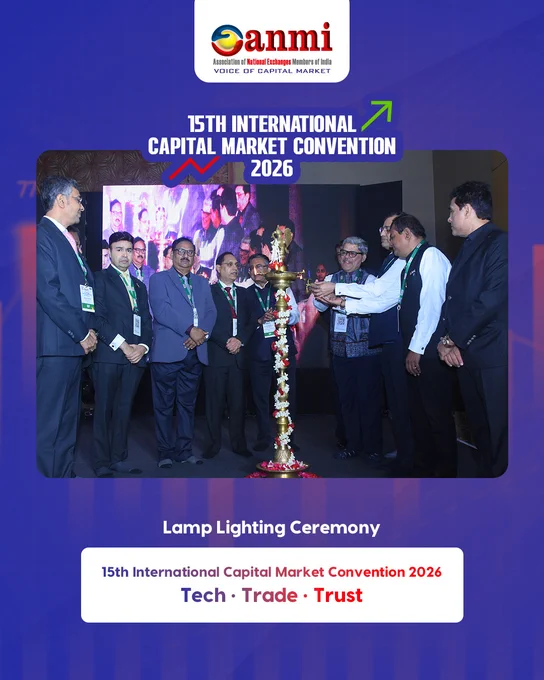 Ceremonial lamp lighting inaugurating the 15th International Capital Market Convention 2026 (#ANMI2026) with Chief Guest Mr. Tuhin Kanta Pandey, Chairman – SEBI, and Guests of Honour Ashishkumar Chauhan (MD & CEO, NSE), Sundararaman Ramamurthy (MD & CEO, BSE), Dr. Arun Raste (MD & CEO, NCDEX), Nehal Vora (MD & CEO, CDSL) and Vijay Chandok (MD & CEO, NSDL), reflecting the theme Tech • Trade • Trust and a shared vision for India’s capital markets and financial leadership.