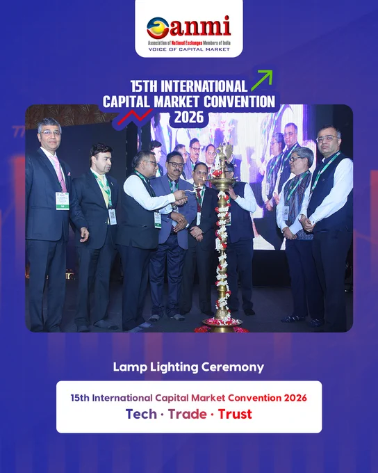 Ceremonial lamp lighting inaugurating the 15th International Capital Market Convention 2026 (#ANMI2026) with Chief Guest Mr. Tuhin Kanta Pandey, Chairman – SEBI, and Guests of Honour Ashishkumar Chauhan (MD & CEO, NSE), Sundararaman Ramamurthy (MD & CEO, BSE), Dr. Arun Raste (MD & CEO, NCDEX), Nehal Vora (MD & CEO, CDSL) and Vijay Chandok (MD & CEO, NSDL), reflecting the theme Tech • Trade • Trust and a shared vision for India’s capital markets and financial leadership.