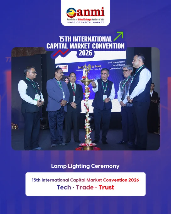 Ceremonial lamp lighting inaugurating the 15th International Capital Market Convention 2026 (#ANMI2026) with Chief Guest Mr. Tuhin Kanta Pandey, Chairman – SEBI, and Guests of Honour Ashishkumar Chauhan (MD & CEO, NSE), Sundararaman Ramamurthy (MD & CEO, BSE), Dr. Arun Raste (MD & CEO, NCDEX), Nehal Vora (MD & CEO, CDSL) and Vijay Chandok (MD & CEO, NSDL), reflecting the theme Tech • Trade • Trust and a shared vision for India’s capital markets and financial leadership.