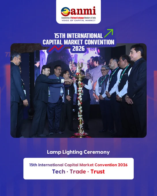 Ceremonial lamp lighting inaugurating the 15th International Capital Market Convention 2026 (#ANMI2026) with Chief Guest Mr. Tuhin Kanta Pandey, Chairman – SEBI, and Guests of Honour Ashishkumar Chauhan (MD & CEO, NSE), Sundararaman Ramamurthy (MD & CEO, BSE), Dr. Arun Raste (MD & CEO, NCDEX), Nehal Vora (MD & CEO, CDSL) and Vijay Chandok (MD & CEO, NSDL), reflecting the theme Tech • Trade • Trust and a shared vision for India’s capital markets and financial leadership.