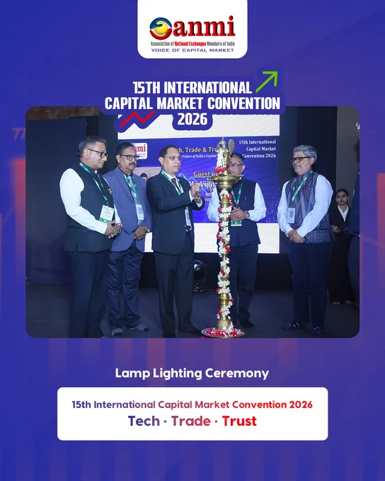 Ceremonial lamp lighting inaugurating the 15th International Capital Market Convention 2026 (#ANMI2026) with Chief Guest Mr. Tuhin Kanta Pandey, Chairman – SEBI, and Guests of Honour Ashishkumar Chauhan (MD & CEO, NSE), Sundararaman Ramamurthy (MD & CEO, BSE), Dr. Arun Raste (MD & CEO, NCDEX), Nehal Vora (MD & CEO, CDSL) and Vijay Chandok (MD & CEO, NSDL), reflecting the theme Tech • Trade • Trust and a shared vision for India’s capital markets and financial leadership.