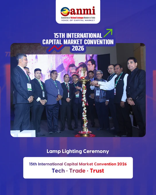 Ceremonial lamp lighting inaugurating the 15th International Capital Market Convention 2026 (#ANMI2026) with Chief Guest Mr. Tuhin Kanta Pandey, Chairman – SEBI, and Guests of Honour Ashishkumar Chauhan (MD & CEO, NSE), Sundararaman Ramamurthy (MD & CEO, BSE), Dr. Arun Raste (MD & CEO, NCDEX), Nehal Vora (MD & CEO, CDSL) and Vijay Chandok (MD & CEO, NSDL), reflecting the theme Tech • Trade • Trust and a shared vision for India’s capital markets and financial leadership.