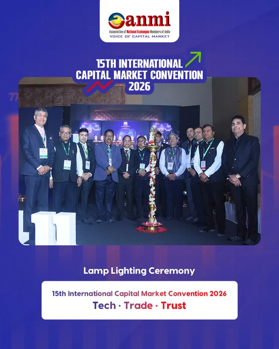Ceremonial lamp lighting inaugurating the 15th International Capital Market Convention 2026 (#ANMI2026) with Chief Guest Mr. Tuhin Kanta Pandey, Chairman – SEBI, and Guests of Honour Ashishkumar Chauhan (MD & CEO, NSE), Sundararaman Ramamurthy (MD & CEO, BSE), Dr. Arun Raste (MD & CEO, NCDEX), Nehal Vora (MD & CEO, CDSL) and Vijay Chandok (MD & CEO, NSDL), reflecting the theme Tech • Trade • Trust and a shared vision for India’s capital markets and financial leadership.