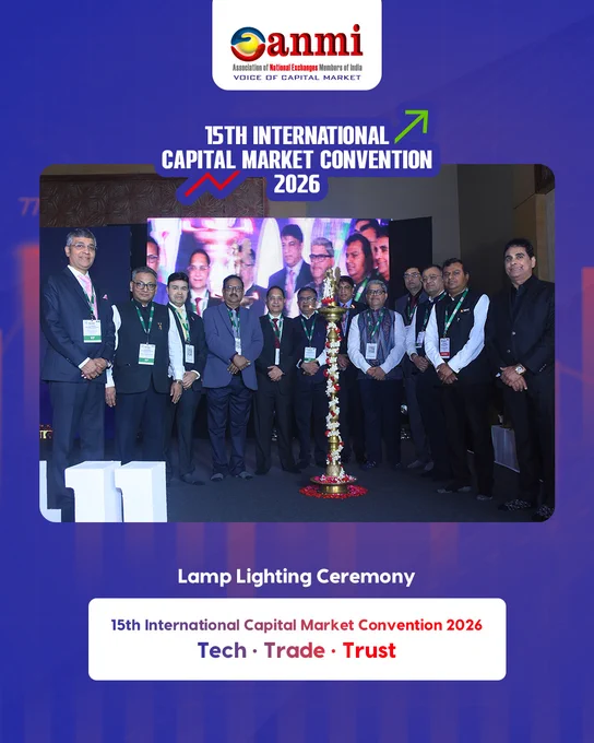 Ceremonial lamp lighting inaugurating the 15th International Capital Market Convention 2026 (#ANMI2026) with Chief Guest Mr. Tuhin Kanta Pandey, Chairman – SEBI, and Guests of Honour Ashishkumar Chauhan (MD & CEO, NSE), Sundararaman Ramamurthy (MD & CEO, BSE), Dr. Arun Raste (MD & CEO, NCDEX), Nehal Vora (MD & CEO, CDSL) and Vijay Chandok (MD & CEO, NSDL), reflecting the theme Tech • Trade • Trust and a shared vision for India’s capital markets and financial leadership.