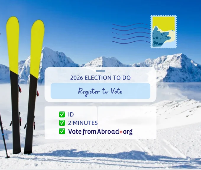 White snowy mountains with two yellow and black skis in the foreground. The image has a stamp and is made to look like a mobile phone to-do reminder. It reminds you to register to vote at vote from abroad . org