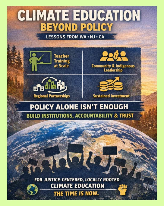 A vibrant collage showing protestors, planet earth, and yellow, green, and white text that reads, "Climate Education Beyond Policy: Lessons from WA, NJ, and CA — Policy Alone Isn't Enough: Build Institutions, Accountability, & Trust" 