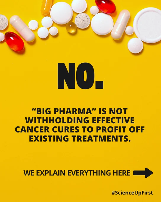 A mustard yellow background with a line of pills at the top. Text in graphic: " No. “Big Pharma” is not withholding effective cancer cures to profit off existing treatments. We explain everything here" #ScienceUpFirst