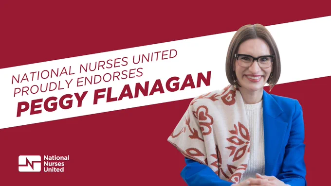 Promotional image featuring an individual with glasses smiling, endorsed by National Nurses United for Peggy Flanagan, set against a red and white striped background. The individual is wearing a blue blazer and a patterned shawl.
