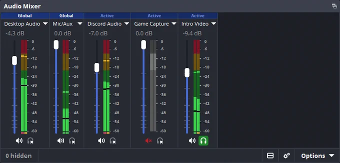 An updated Audio Mixer in OBS Studio.

Entries for audio items are displayed vertically in the mixer. Newly featured at the top is a category label for each entry. The first two entries state Global, and the following items all state Active.

The normal mixer features follow, including the name, volume level, and volume sliders.

At the bottom the usual Mute button is included, alongside a new button with a Headphone icon for audio monitoring.

The bottom toolbar now has a button for toggling hidden sources, and easier access to the other mixer options.