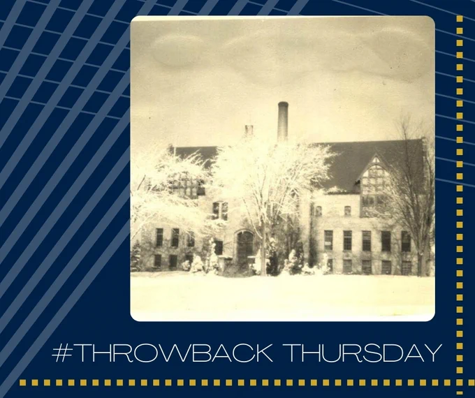 A sepia toned photograph of Lippitt Hall with snow covered trees in front.