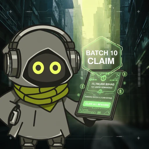 Small hooded robot with glowing yellow eyes holds a holographic phone displaying "Batch 10 Claim" in a neon sci-fi alley scene.