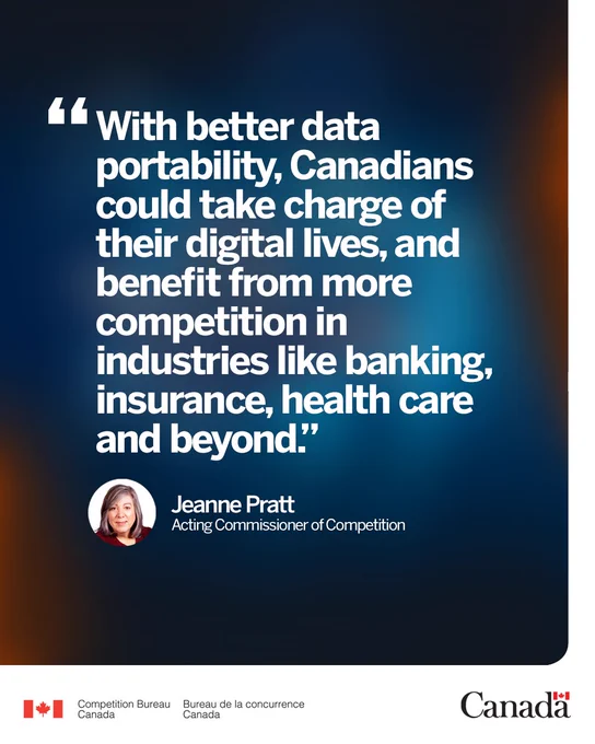 Text in image: “With better data portability, Canadians could take charge of their digital lives, and benefit from more competition in industries like banking, insurance, health care and beyond.” Jeanne Pratt, Acting Commissioner of Competition 