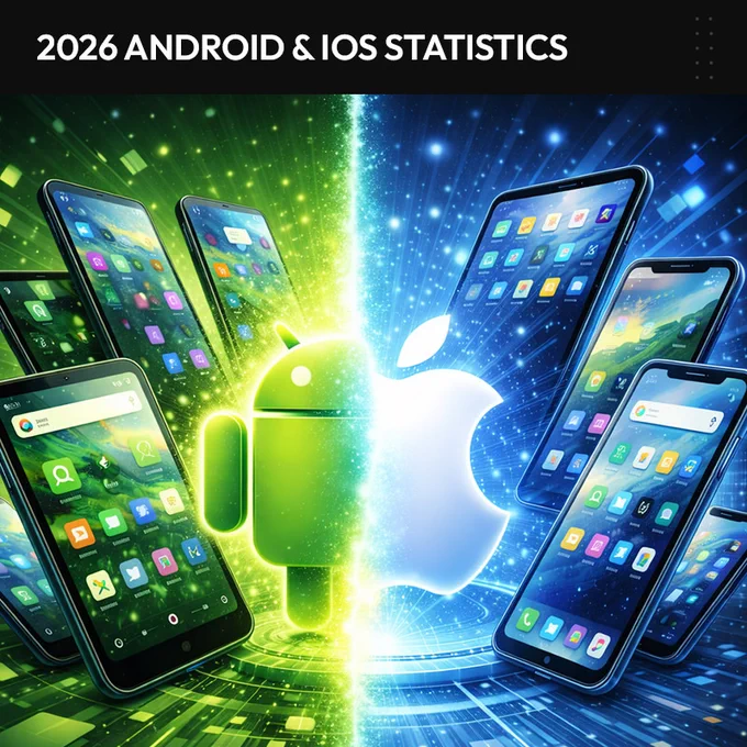 Image split down the middle showing green themed android logo and devices on the left and blue themed apple logo and devices on the right.