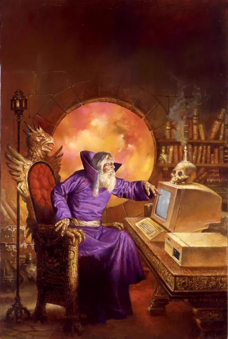 Wizard in a fabulous purple robe examines an old computer