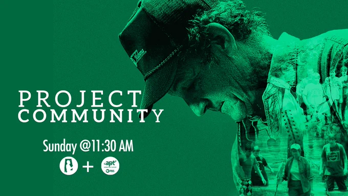 Promotional image for 'Project Community' event, featuring a person in a baseball cap looking downward, bathed in green light. The event details include: Sunday at 11:30 AM.