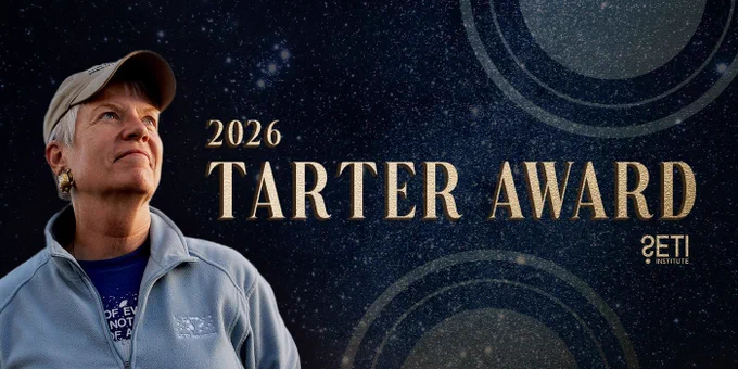 Photo of Jill Tarter wearing a light blue SETI Institute zip-up jacket and tan baseball cap, looking upward. Text: 2026 Tarter Award. SETI Institute logo in gold.