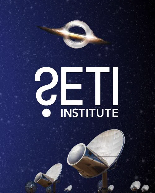 SETI Institute logo. Graphics: (top) Black hole. (bottom) radio telescope dishes at the Allen Telescope Array. Background: Starry night sky.