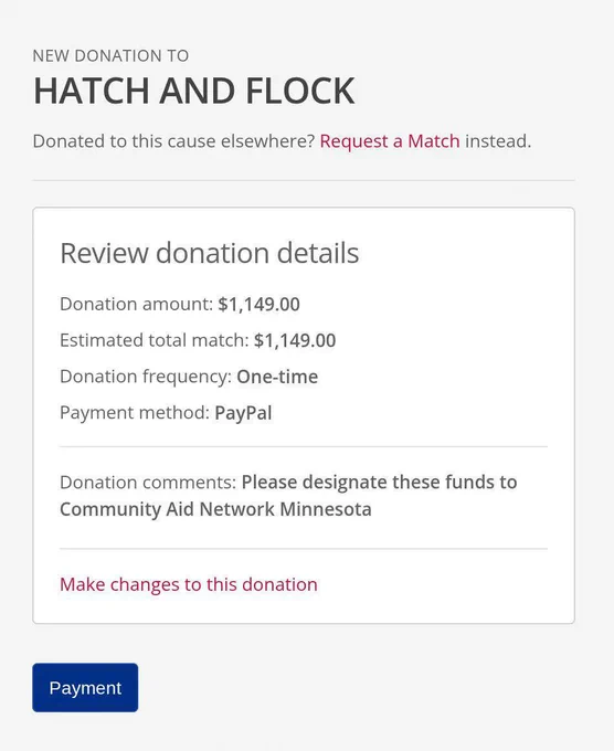 Screenshot of the corporate matched donation receipt for $1149 to Hatch and Flock, with a donation comment that says: “Please designate these funds to Community Aid Network Minnesota”