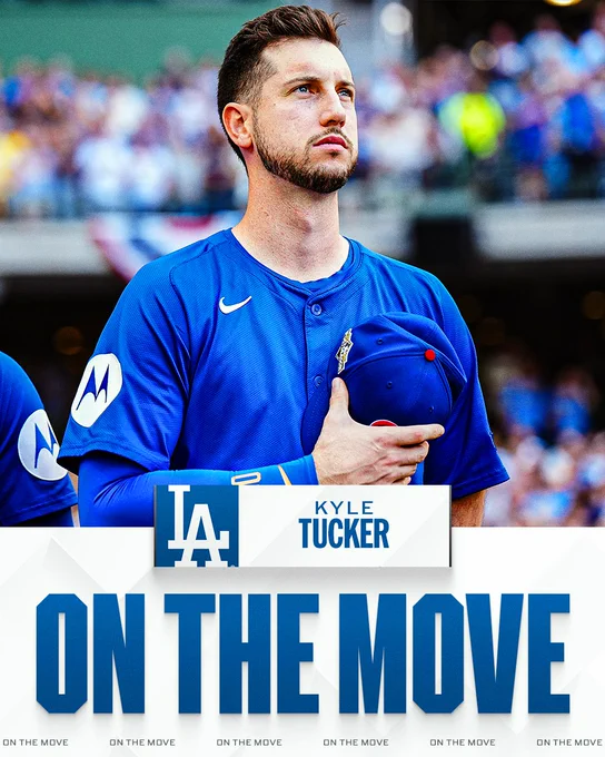 On the Move
Kyle Tucker to the Los Angeles Dodgers
Kyle Tucker puts a blue Chicago Cubs cap over his chest. Tucker is wearing a blue Chicago Cubs uniform.