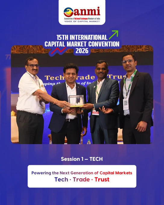 Panel session “TECH: Powering the Next Generation of Capital Markets” at ANMI 15th International Capital Market Convention 2026, with V Balasubramaniam (MD & CEO, NSE International Exchange IX) opening remarks, moderated by Rohith Loka Reddy (CEO, Northeast Broking Services Ltd), and leaders from CDSL, DGCX, MCX, MSE, NSE & BSE discussing capital markets tech, digital trading infrastructure, innovation, and trust-led market transformation under Tech • Trade • Trust.
