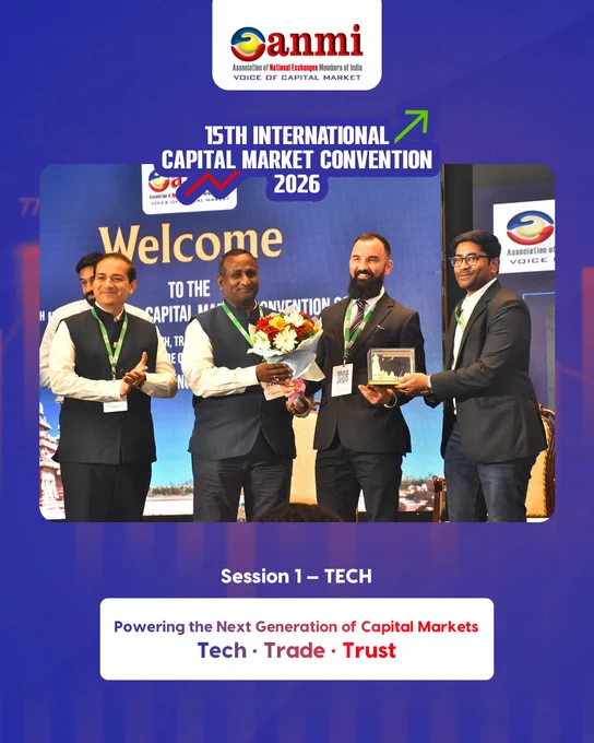 Panel session “TECH: Powering the Next Generation of Capital Markets” at ANMI 15th International Capital Market Convention 2026, with V Balasubramaniam (MD & CEO, NSE International Exchange IX) opening remarks, moderated by Rohith Loka Reddy (CEO, Northeast Broking Services Ltd), and leaders from CDSL, DGCX, MCX, MSE, NSE & BSE discussing capital markets tech, digital trading infrastructure, innovation, and trust-led market transformation under Tech • Trade • Trust.