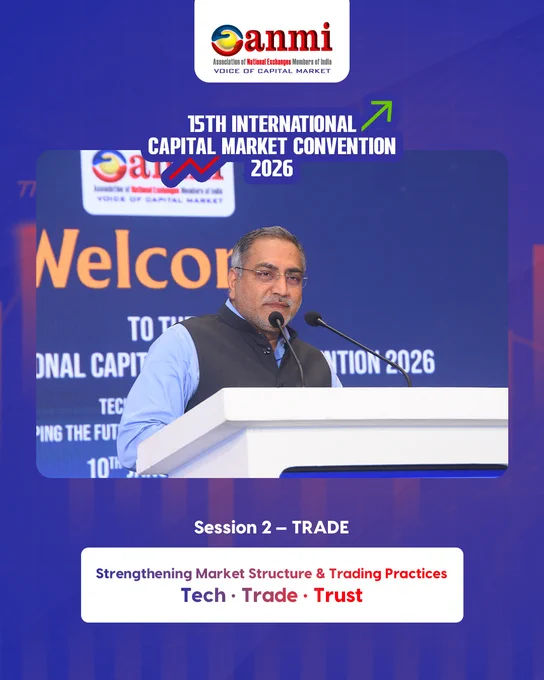 ANMI 2026 panel “TRADE: Strengthening Market Structure & Trading Practices” with SEBI Executive Director Jeevan Sonparote delivering the introductory remark, moderated by Jay Prakash Gupta (Dhan), and panelists Ashok Agarwal (Globe Capital), Avinash Kansal (ICICI Bank), Kedar Deshpande (NCDEX), Sameer Patil (NSDL), and Sriram Krishnan (NSE), discussing market structure reforms, trading frameworks, transparency, risk management, and tech-enabled best practices aligned with Tech • Trade • Trust.