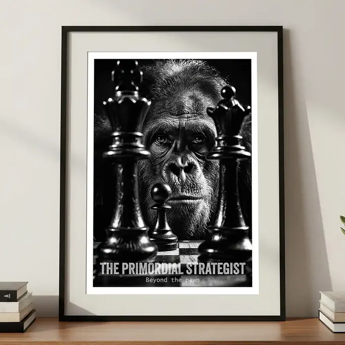 Black and white art print of a primate playing chess by Rex and Co.