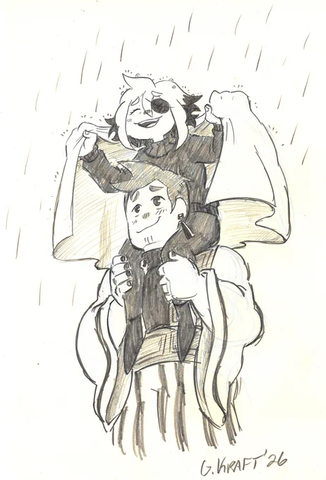 pencil sketch of Siffrin sitting on Isabeau's shoulders. Siffrin is smiling with their eye closed as he holds his cloak out like an umbrella around his body but leaving his head uncovered as rain comes down. Isabeau looks up at Siffrin with a blushing, soft look toward them while also holding their legs steady as they sit on his shoulders.