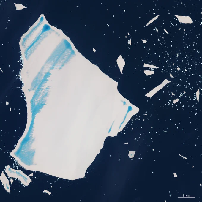 This Copernicus Sentinel-2 image over the South Atlantic Ocean features a close-up view of the A23a iceberg, once the world’s largest.