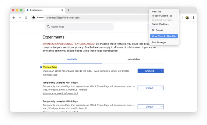 Chrome 145 with the flag enabled and showing the context menu to move the tabs to the side