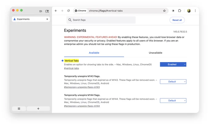 Chrome 145 with the tabs shown to the side (vertical tabs)