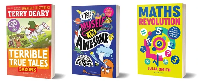 Covers of books available on NetGalley now: Terrible True Tales: Saxons by Terry Deary, I Tell Myself I'm Awesome by Joshua Seigal, and Maths Revolution by Julia Smith