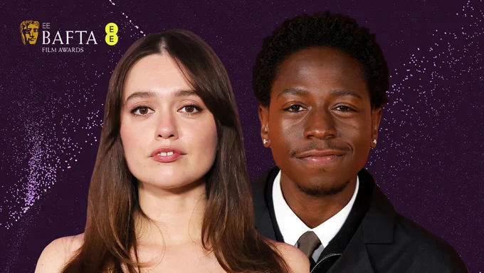 Headshots of Aimee Lou Wood and David Jonsson on a dark purple background with pink and purple particle detailing. The EE BAFTA Film Awards logo sits in the top left corner.