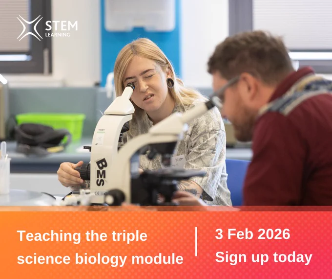 Two people looking into microscopes in a science classroom. The text below them reads 'Teaching the triple science biology module. 3 Feb 2026. Sign up today.'