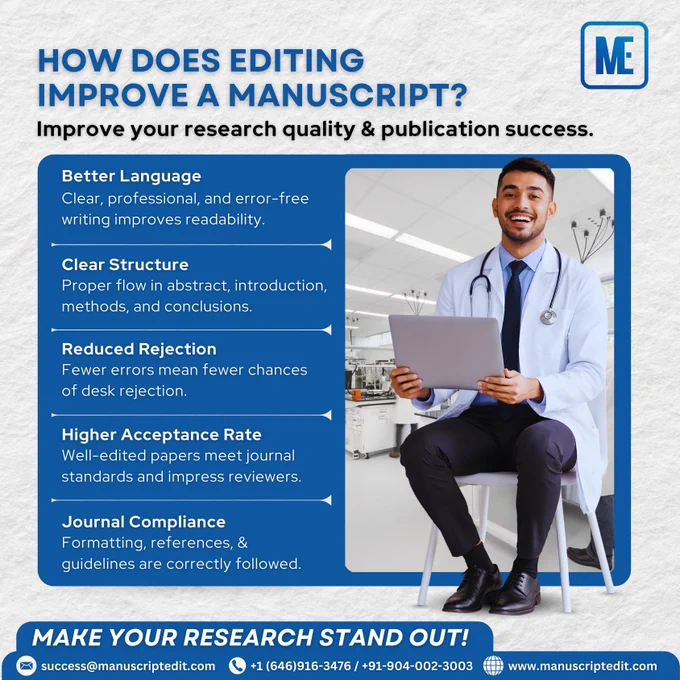 Professional manuscript editing improves research quality, including better language, clear structure, reduced rejection, higher acceptance rate, and journal compliance, featuring a smiling researcher holding a laptop in a laboratory setting.