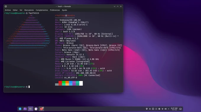 Captura de pantalla de la distribución EndeavuorOs KDE 