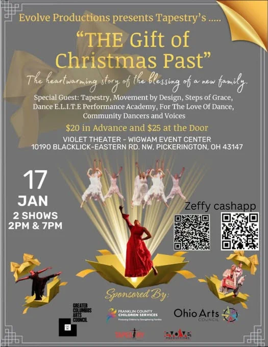 Poster for 'The Gift of Christmas Past' by Evolve Productions featuring dance performances and community groups at Violet Theater in Pickerington, OH on January 17.
