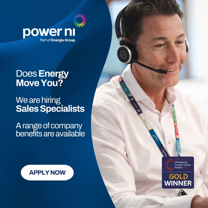 Power NI hiring sales specialists with company benefits, featuring a professional wearing a headset and a Gold Winner award badge.