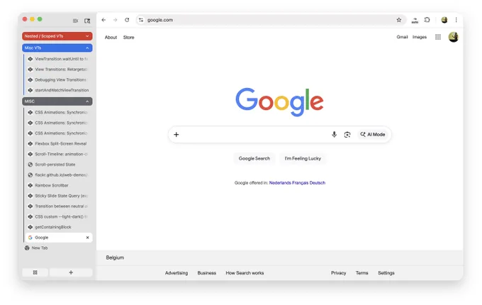 Chrome 145 with the tabs shown to the side (vertical tabs) with some Tab Groups opened.