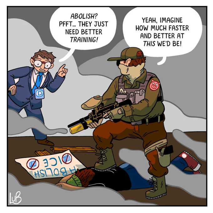 A comic depicts a man in a suit expressing the need for better training, while a soldier with a rifle stands over a protester holding "Abolish ICE" sign. The scene conveys irony and urgency amidst a tense, smoky environment.