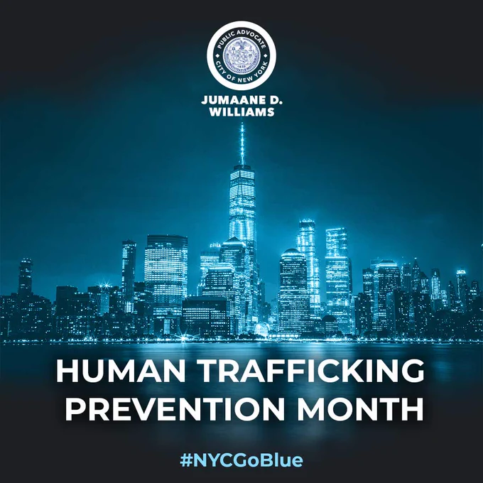 Graphic with New York City skyline with a blue overlay, and text: Human Trafficking Prevention Month #NYCGoBlue