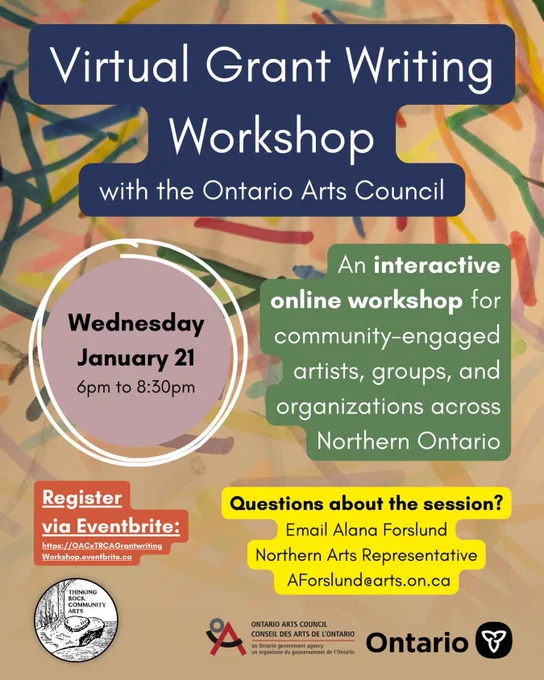 info-graphic with various points of information about the grant writing workshop offered by the Ontario Arts Council