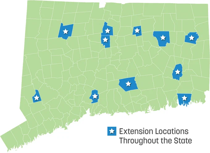 map of CT with towns with stars showing where UConn Extension is located