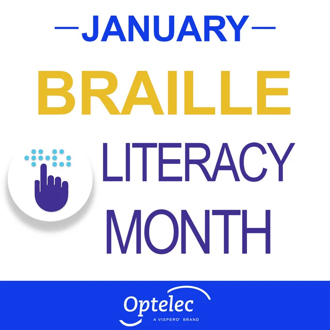 January Braille Literacy Month, Optelec a Vispero Brand. Image of a hand and braille dots.