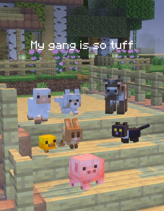 A group of baby animals (sheep, wolf, cow, chick, rabbit, cat, pig) standing upon some stairs, posted up with one another. Copy in the middle of the image says "my gang is so tuff"