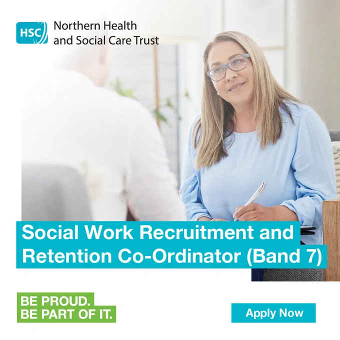 A woman talks to another person, she is holding a pen. Text reads 'social work recruitment and retention co-ordinator', Be Proud, Be Part of It, Apply Now.