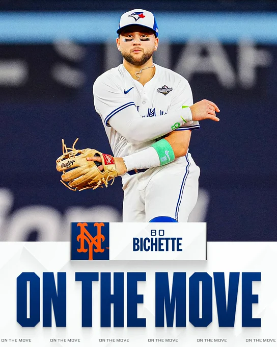 On The Move
Bo Bichette, New York Mets
Pictured: Bo Bichette makes a throw across the diamond. He wears a white Blue Jays uniform with a white and blue cap.