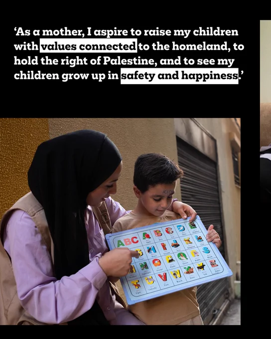 ‘As a mother, I aspire to raise my children with values connected to the homeland, to hold the right of Palestine, and to see my children grow up in safety and happiness.’
Fidaa is sat outside with her son, they are looking at an alphabet chart.
